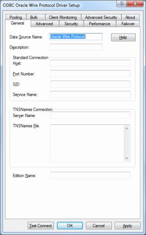 The General tab of the ODBC Oracle Wire Protocol Driver Setup dialog box