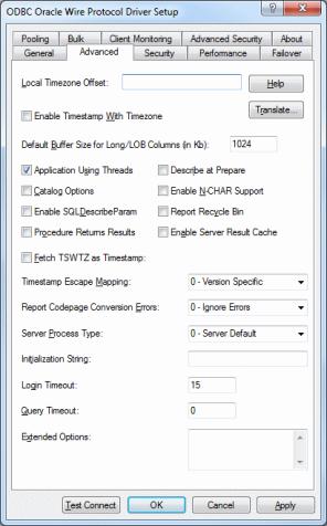 The Advanced tab of the ODBC Oracle Wire Protocol Driver Setup dialog box