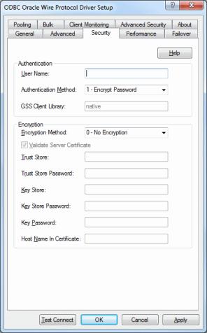 The Security tab of the ODBC Oracle Wire Protocol Driver Setup dialog box