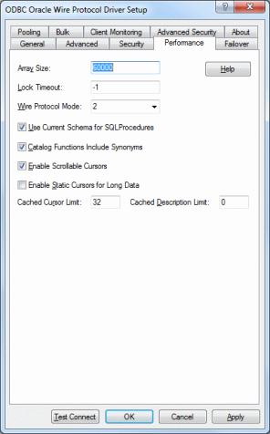 The Performance tab of the ODBC Oracle Wire Protocol Driver Setup dialog box