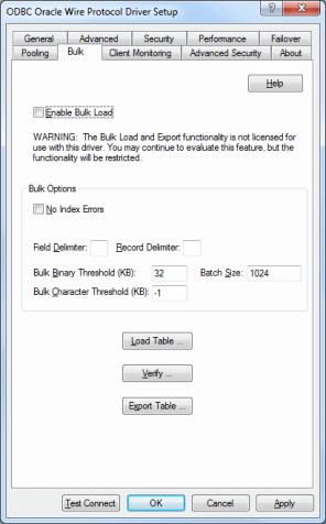 The Bulk tab of the ODBC Oracle Wire Protocol Driver Setup dialog box