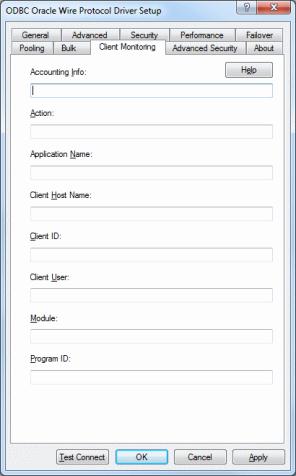 The Client Monitoring Tab of the ODBC Oracle Wire Protocol Driver Setup dialog box