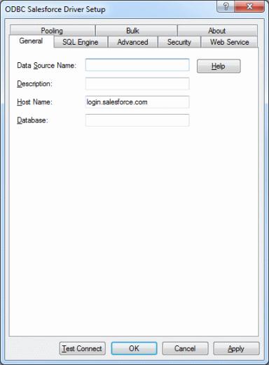 The General tab of the ODBC Salesforce Driver Setup dialog box