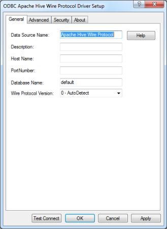 The General tab of the ODBC Apache Hive Wire Protocol Driver Setup dialog box