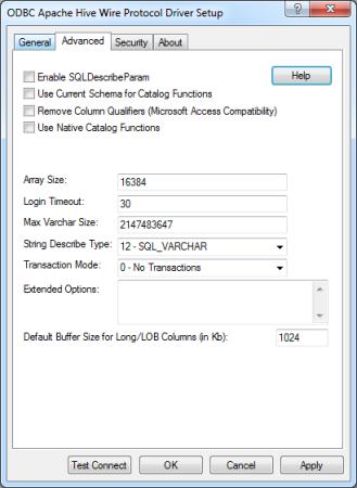 The Advanced tab of the ODBC Apache Hive Wire Protocol Driver Setup dialog box