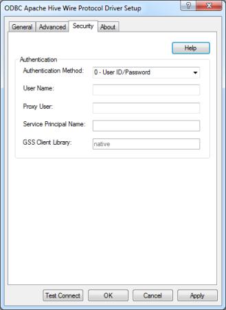 The Security tab of the ODBC Apache Hive Wire Protocol Driver Setup dialog box